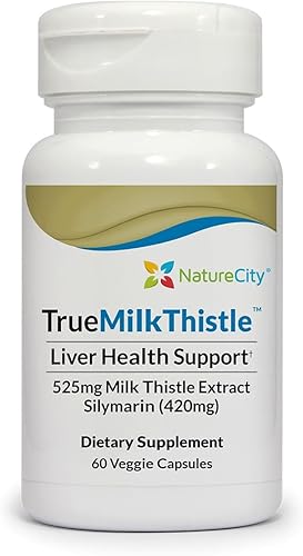 NatureCity TrueMilkThistle  525 mg de cardo mariano (80% de silimarina) que contiene 420 mg de silimarina Soporte para la Salud Hepática 60 Cápsulas