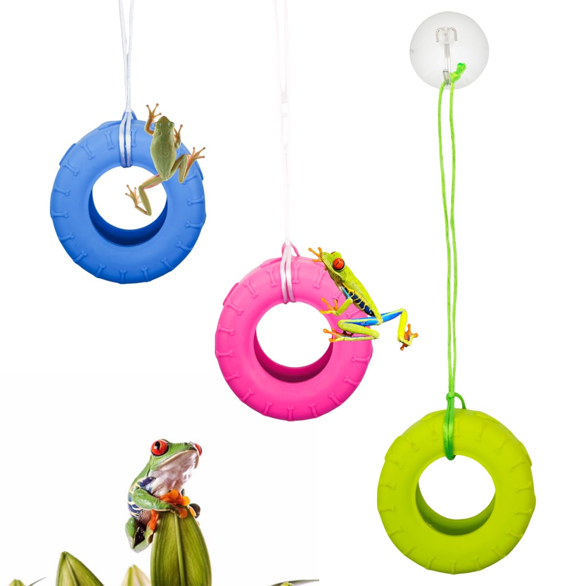 3 Pack Colours Tree Frog Tire Swing,Suction Cup Hook Climbing Toy,Tree Frog Terrarium Accessories - A Must-Have for Any Reptile Amphibian Small