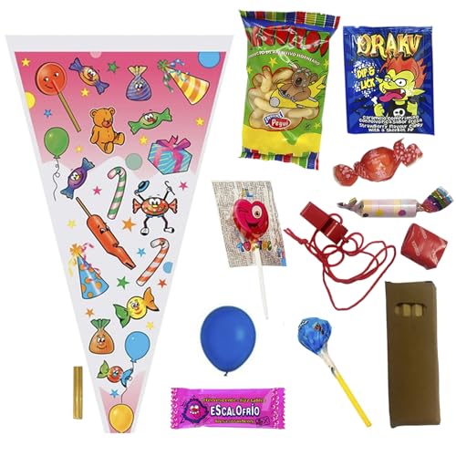 Deliex. 25 cucuruchos de Chuches para cumpleaños infantiles, bolsas conos con chuhes para regalar, golosinas variadas sin alérgenos (SIN MONTAR, 25)