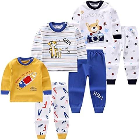 XM-Amigo Boys Kids Pyjamas 3 Set Bear Rocket Spaceship Car Print Kids Pjs Pajama Long Sleeve Top Cotton Sleepewar Shirts & Pants Bottoms Nightwear Children Outfit Cover