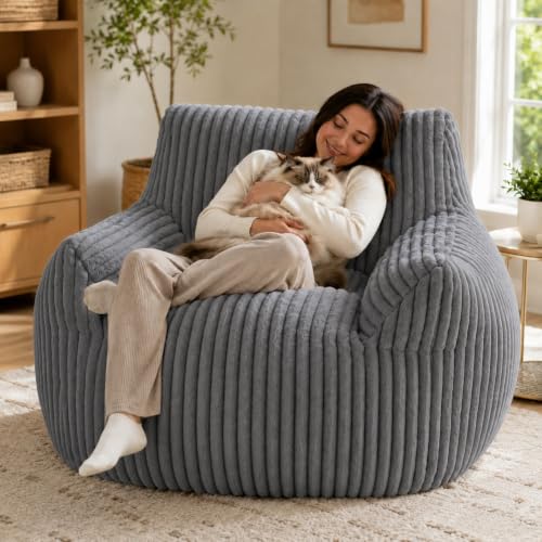 Image of Giant Plush Bean Bag Chair for Adults, 46 inch Oversized Bean Bag Sofa with Armrests, Memory Foam Comfy Mini Couch Lounge Chair, 400 LBS Floor Couch for Living Room, Bedroom, Game Room, Gray