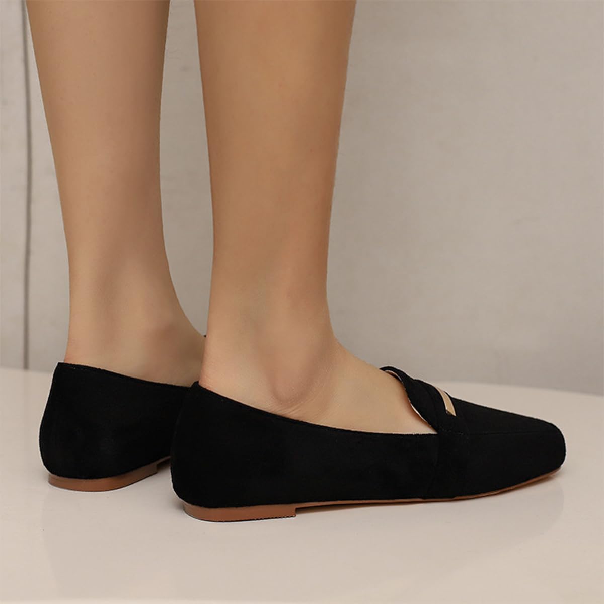 Mocasines Barra Metal Oro Mujer Ante Punta Cuadrada Planos Slip-On