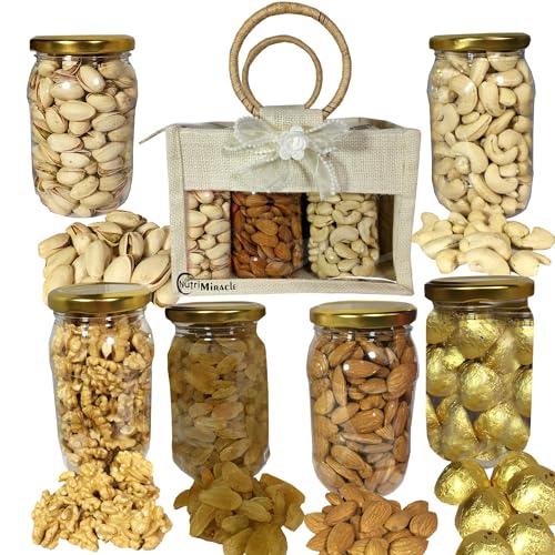 Image of NUTRI MIRACLE Raksha Bandhan Dry Fruits and Chocolate Gift Box with Jute Carry Bag | Rakhi Gift Hamper | Occasion Gift
