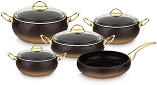 OMS Cookware 9 Piece Non Stick Granite Copper Set Glass Lids Black Gold Casserole Pan Pot Frying Pan - Essential, Pots and Pans Set - Made in Turkey