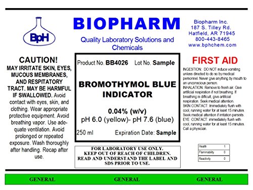 Biopharm Bromothymol Blue Indicator 0.04% — 250 mL (8.4 fl oz) — Includes an Empty 50 mL Dropper Bottle and Dispensing Cap — pH 6.0 (Yellow) - pH 7.6 (Blue)