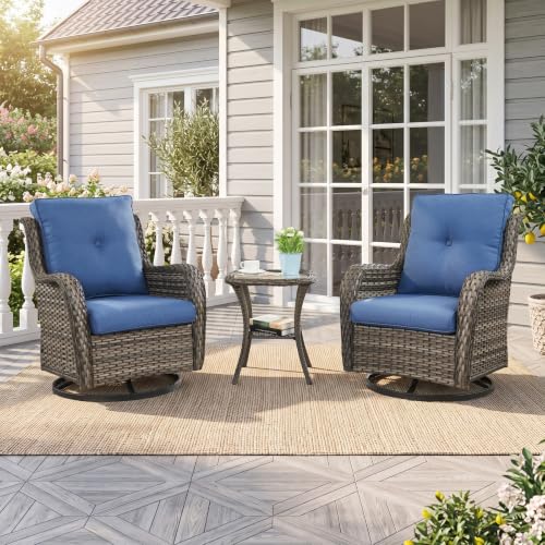 Image of Rilyson Patio Outdoor Wicker Swivel Rocker Chairs Set of 3, Blue Cushion | High Back and Deep Seating, All Weather, Water-Resistant, Removable Cover, Stain-Resistant, for Garden Backyard Deck