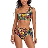 Women's Strap Wrap One Shoulder Knot Cheeky High Waist Bikini Set Swimsuit Patterns 3D Grateful Dancing Dead Bears Rose L