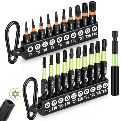 Impact Torx Bit Set, 20 Pcs 1'& 2' Tamper Proof Magnetic Screwdriver Bits, T4-T40 CNC Machined Tips, S2 Steel Long Torque Star Bits with 2.3' Extension Bit Holder and Storage Box