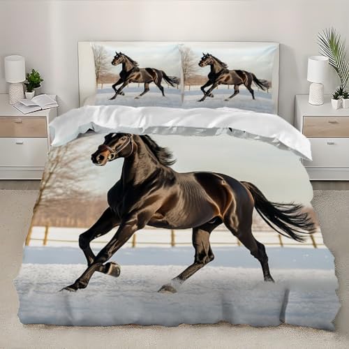 Housse de Couette 90x190 cm Cheval Noir Parure de Lit 1 Personne Microfibre Douce Confortabl ScèNe de Neige Blanche Ensemble de literie pour Ado Enfants