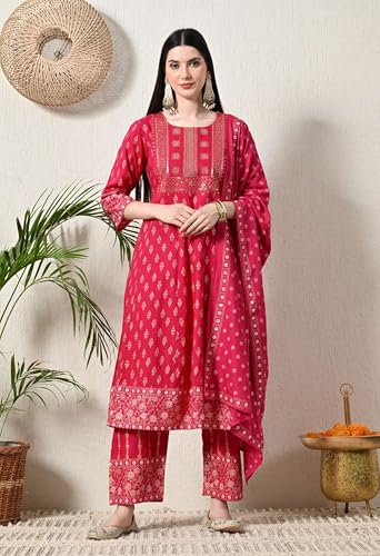 Image of Amazon Brand - Tavasya Women Rayon Straight Kurta Pant Dupatta Set | Embroidered Ethnic Suit Set | Regular Fit Kurta with Pant & Dupatta