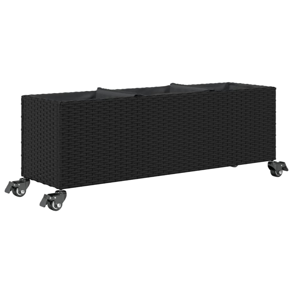 Czarna donica ogrodowa z kółkami i 3 wkładami rattan PE 107x32x38 cm do uprawy kwiatów na taras balkon dekoracja