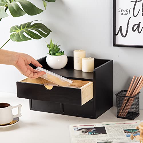 Vergoodr Rustic Distressed White 3-Tier Wood Desk Organizer With 3 Drawers Mini Desk Storage Shelf For Desk, Toiletries Vanity Office Supplies (Black) #TOP4