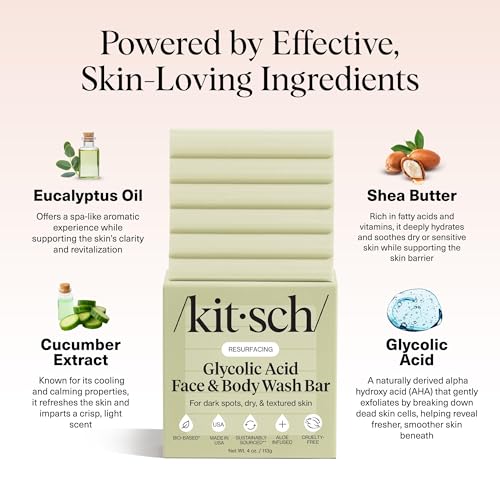 Image of Kitsch Glycolic Acid Face & Body Wash Bar - Resurfacing Bar Soap with Shea Butter for Smoother, Brighter Skin - Gentle Soap & Body Wash Women & Men Love - Cucumber & Eucalyptus Scent Bath Soap - 4 oz
