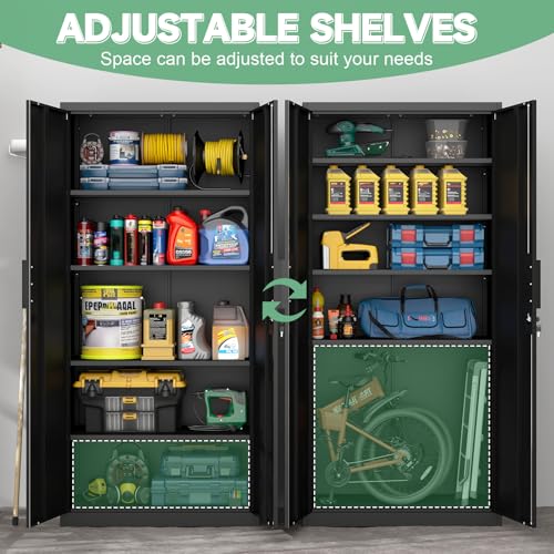 Image of Black Storage Cabinet, Metal Garage Storage Cabinets with Adjustable Shelves, 72.05 inch H Heavy Duty Tall Cabinet with Locking Doors, Steel Organizer for Basement, School