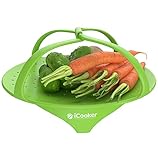 iCooker Vegetable Steamer [Heat Resistant] - Premium Quality Silicone Steamer Microwave Basket For Healthy Cooking - Best Steaming Bowl Pot With Locking Handles (Green)