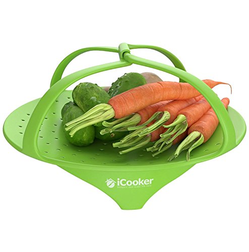 iCooker Vegetable Steamer [Heat Resistant] - Premium Quality Silicone Steamer Microwave Basket For Healthy Cooking - Best Steaming Bowl Pot With Locking Handles (Green)