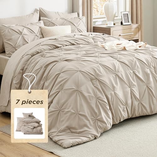 Bedsure King Size Comforter Set Beige - Bed in a Bag Bedding Set 7 Pieces, GentleSoft™ Pintuck Bed Set Gift for Family, Pinch Pleat Beige Comforter with Sheets, Pillowcases & Shams