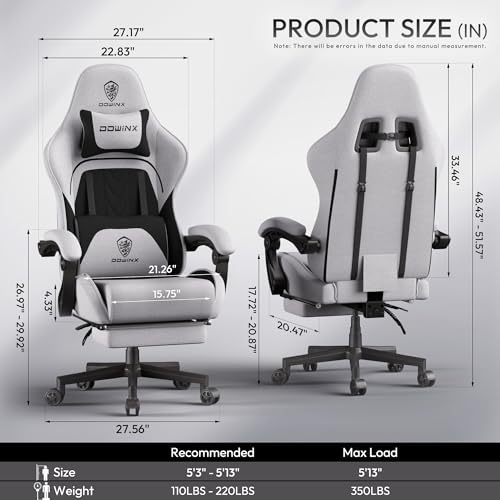 Image of Dowinx Gaming Chair Fabric Big and Tall with Pocket Spring Cushion, Massage Game Chair Cloth with Headrest, Ergonomic Computer Chair with Footrest 350LBS, Black Grey