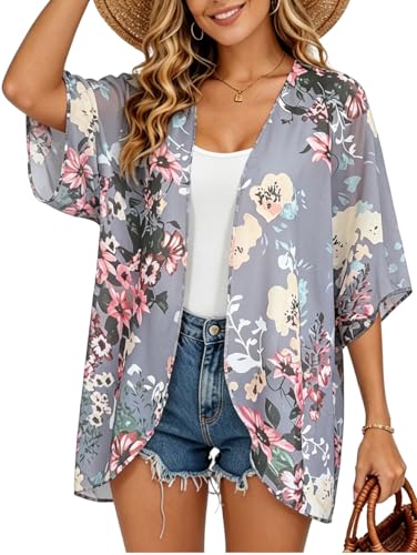Image of FINOCEANS Womens Floral Chiffon Kimono Cardigans Loose Beach Cover Up Half Sleeve Tops