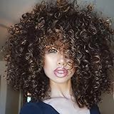 rosmile Curly Wigs for Black Women - Ombre Brown Mixed Synthetic Hair African American Full Afro Curly Wig with Bangs