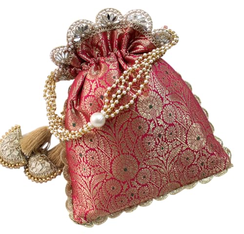 Image of MILAN'S CREATION Pure Banarasi Potli Silk Brocade Bag Purse Drawstring Women's handbag with Pearl Handle & Tassel Weddings