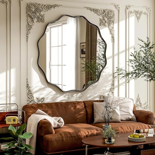 VooBang Black Scalloped Large Circle Mirror, 42" Wavy Edge Round Wall Mirror with Tempered Glass Textured Circular Metal Deep Frame, Hanging Leaning for Bathroom, Hallway, Entryway, Livng Room