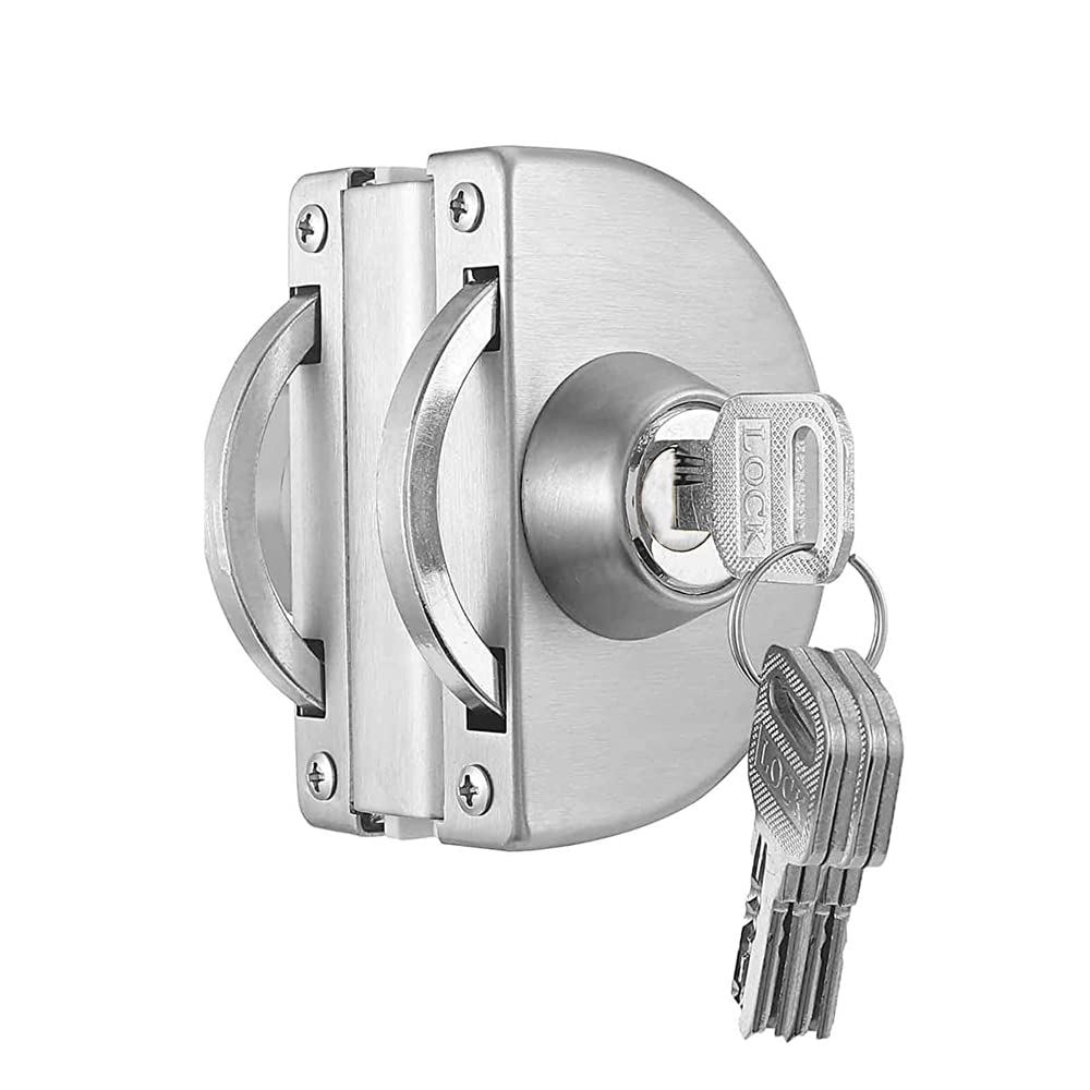 HYDERON Premium Stainless Steel Glass to Glass Door Lock with Computerised Brass Keys, One Side Key and One Side Knob (Silver Finish) with 3 Computer Keys with knob