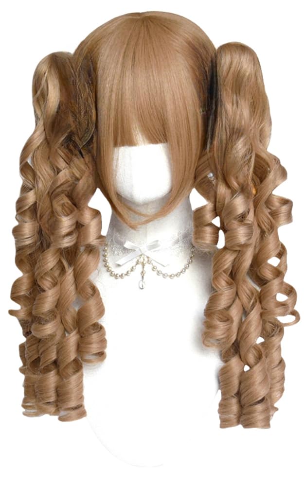 Vintage Double Ponytails Wig Women's Lolita Spiral Curly Hair with Bangs Synthetic Wig for Tea Party (Brown)