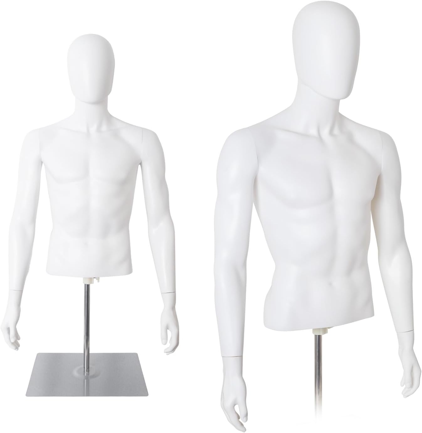 Male Mannequin Torso Body, Height Adjustable Plastic Half Body Display Dress Form with Metal Stand, Dress Form for Retail Clothing Shops, White