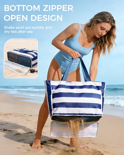 Image of WANDF Beach Bags for Women, Large Waterproof Sandproof Beach Tote Bag with Zipper Family Pool Bags with 40oz Tumbler Pocket, Swim Cruise Vacation Essentials (Navy Blue)