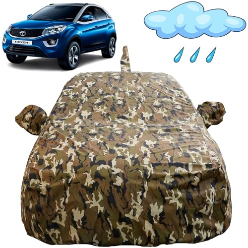 Image of Nexon Waterproof Car Cover with Mirror & Antenna Pockets, Jungle Print Army Design, 4x4 American Matty,Triple Stitched, Compatible with Tata Nexon Car Cover (2017 to 2024), Nexon Car Accessories