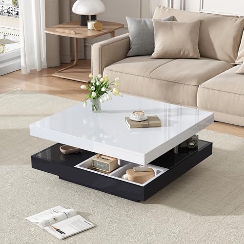 OKMYHOME Table Basse - Table de Salon avec Plateau Rotatif 360° et Rangement Intégré, Double Plateau Haut Brillant, Blanc et Noir, 70×70×36 cm