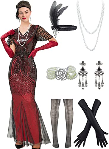 Image of Women Evening Maxi Long Dress 1920s Sequin Mermaid Hem Wedding Prom Gown Costume w / 20s Gatsby Accessories Set
