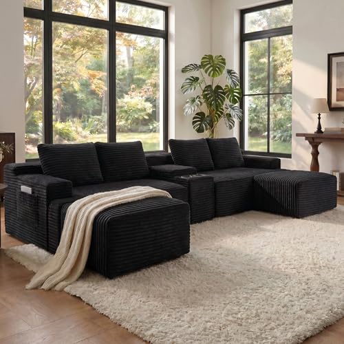Image of 140 inch Modular Sectional Sofa Couch, Oversized U Shape Cloud Couch with 2 Ottomans, Storage and Cupholders, Corduroy Sofa Boneless Couches for Living Room, No Assembly Required, Black