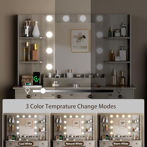 Image of HUANLEGO Vanity Desk with Mirror and Lights, Makeup Vanity with Mirror and LED Lights & Power Outlet, 3 Drawers and Cabinets, 3 Lighting Modes Dressing Table Set for Girls Women Bedroom,Grey