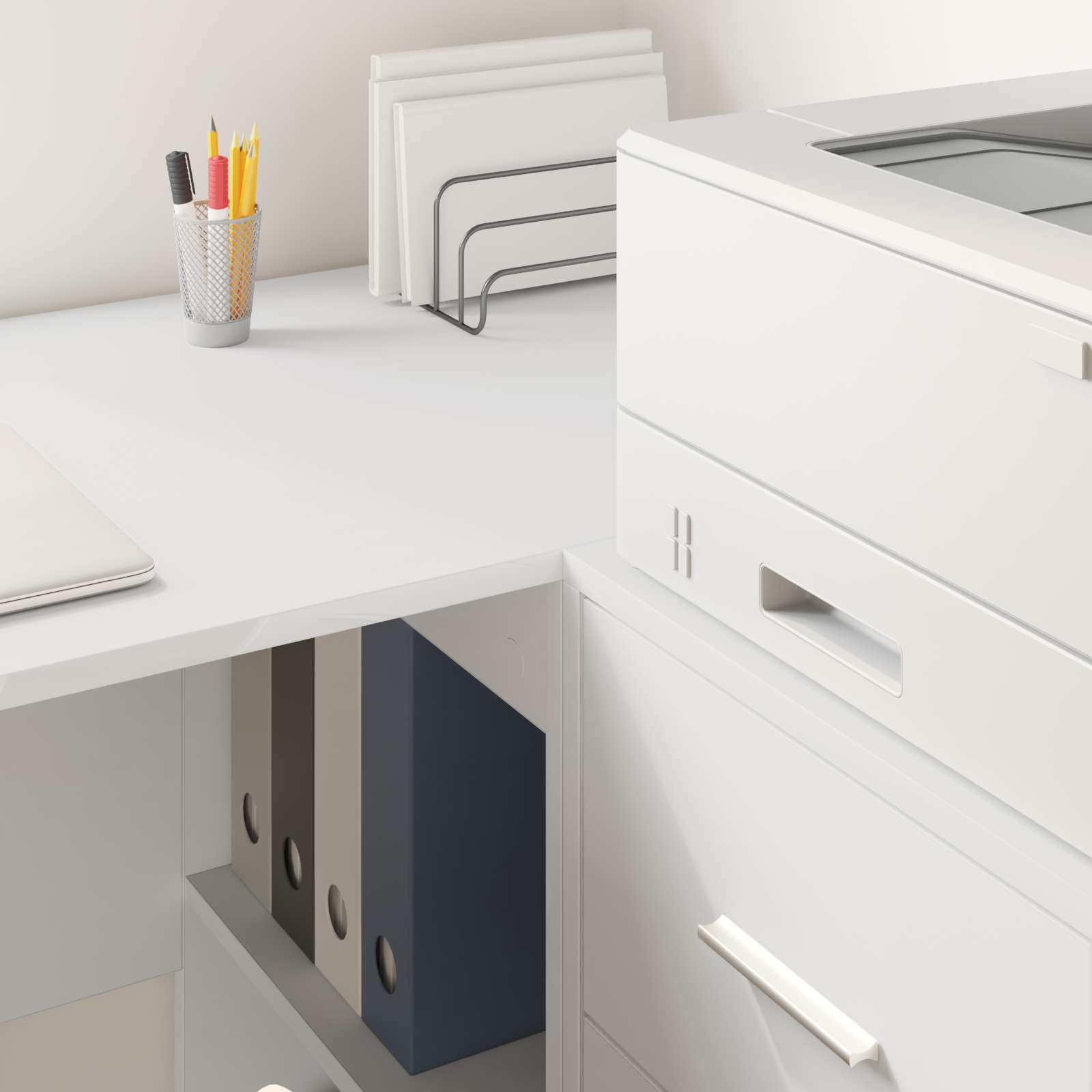 Scrivania ad angolo in legno ingegnerizzato bianco con cassetto e ripiano 102 x 88 x 75 cm per ufficio casa smartworking postazione lavoro studio gaming