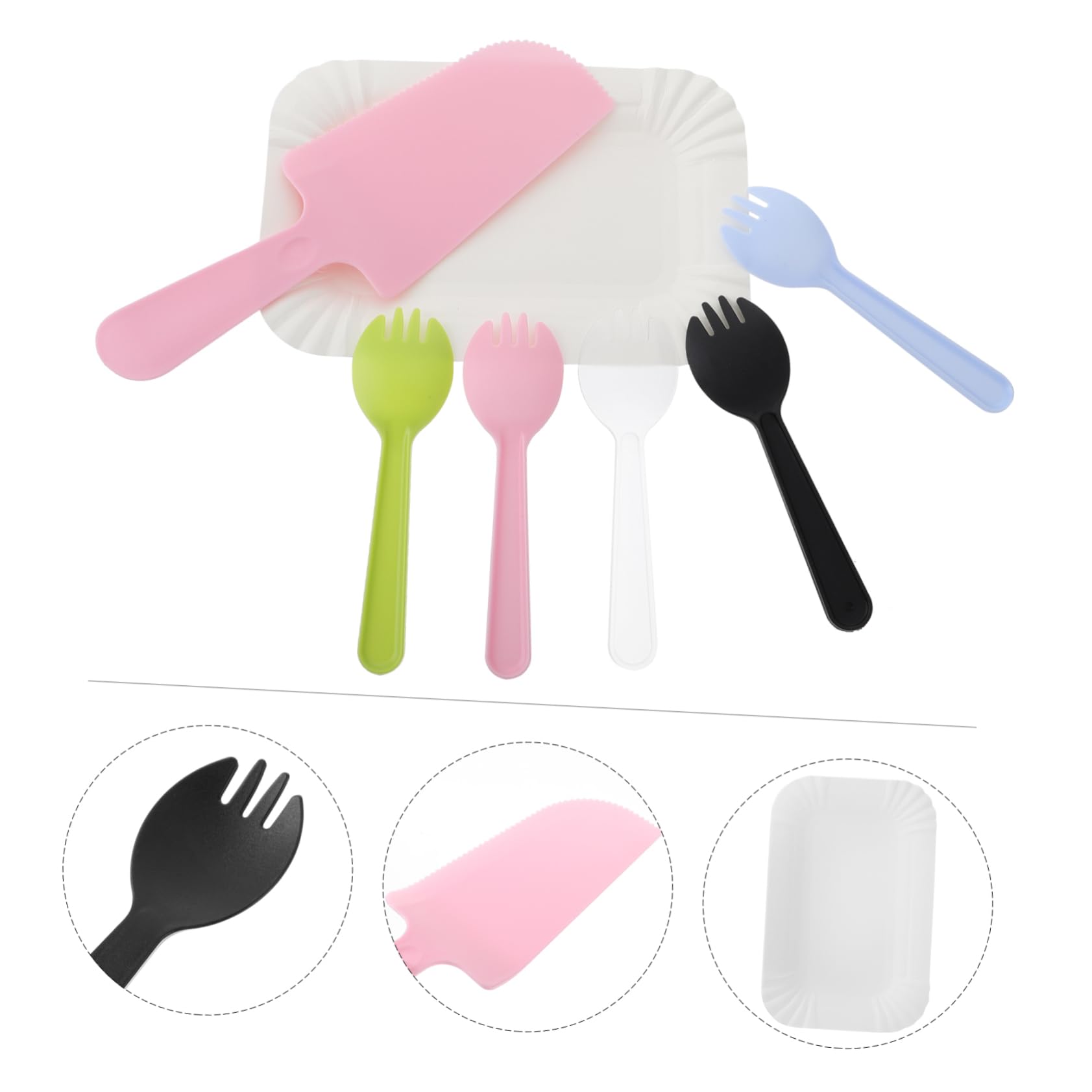 minkissy 50 Paper Dishes 5 Plastic Cake Knives Birthday Silverware Party Tableware Heavy Duty Plates for Boys and Girls Random Color