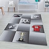 SIMPEX Kurzflor Teppich Kinderteppich Kinderzimmer Spiel Fussball Trikot Pokal Grau, Farbe:Grau, Grösse:140x200 cm