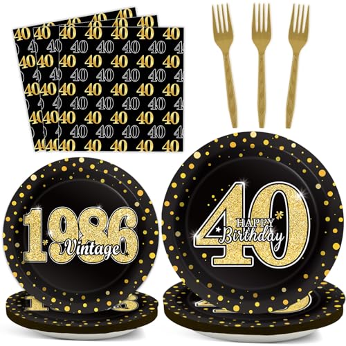 Image of 40th Theme Bithday Party Tableware Vintage 1986 Party Supplies 40 Year Old Birthday Decorations Plates Napkins Forks Black and Gold Dinnerware Favors for Men or Women