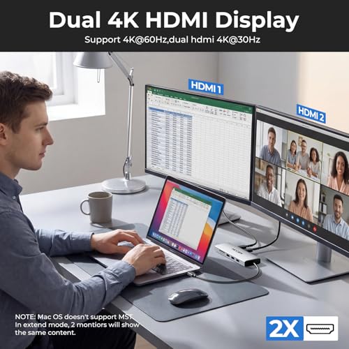 Image of USB C Laptop Docking Station Dual HDMI Monitor, 10-in-1 USBC Hub Dongle Dock with 2 HDMI 4K@60Hz, PD Charging, SD /Micro SD for Laptop MacBook /HP /Dell /Surface /Thinkpad