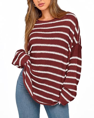 BTFBM Women's Striped Knit Sweaters 2025 Spring Fall Boat Neck Off Shoulder Long Sleeve Oversized Casual Pullover Tops
