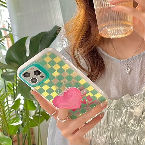 Aiyaya Cute Green Checkered Phone Case For Iphone 12 Pro Max Case With Heart Shaped Stand, All-Inclusive Lens Case For Women Girls - 6.7 Inch (12 Pro Max) #TOP1