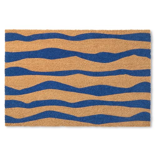 TOWN & COUNTRY TERRA Ravine Abstract Mountain Door Mat, Natural Coir, Heavyweight, Non-Slip Entryway Mat, Blue, 18