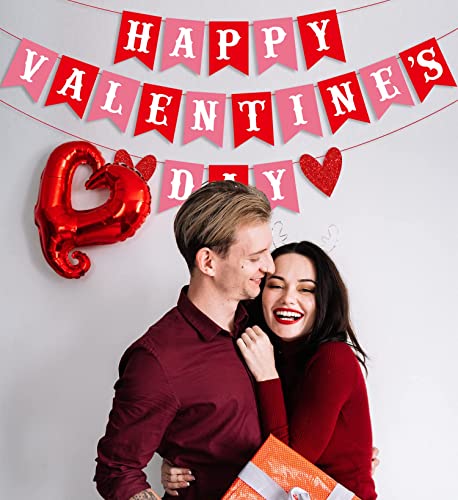 Image of FestikoHappy Valentine's Day Banner Red Pink Valentine's Day Bunting Banner with Glitter Heart Signs Valentines Day Paper Banner for Home Wall Valentines Party Decorations Supplies