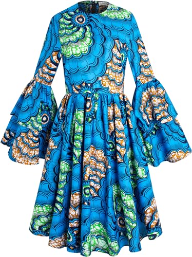 Image of Women's African Ruffle Long Sleeve Dress Ankara Print Maxi Dresses