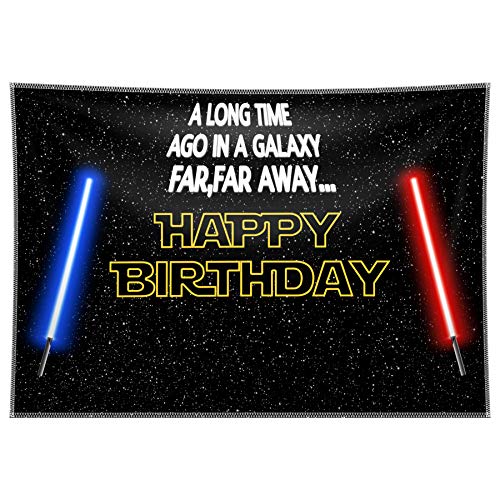 84x60inch Durable Fabric Galaxy Birthday Backdrop Star Black Sky Universe Photography Background Kids Boy Party Supplies Blue and Red Lightsaber Decoration War Theme Banner Photo Gift Idea