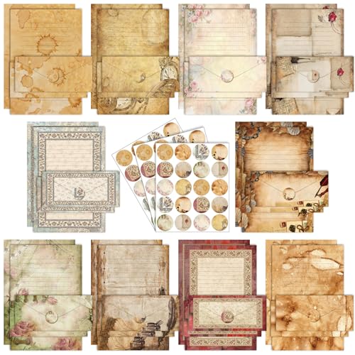 Image of TaoBary 160 Pcs Vintage Stationary Letter and Envelopes Set Retro Stationary Set 50 Double Sided Lined Stationery Paper with 50 Matching Envelopes and 60 Round Dot Sticker for School Students Writing