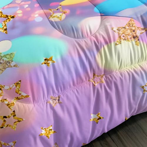 Image of QOOMO Kawaii Heart Kids Comforter Set,Cute Rainbow Print Bedding Set Twin Size for Boys Girls Room Decoration,Pink Bed Set Microfiber Lightweight All Season,1 Comforter Set 2 Pillowcases