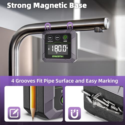 Huepar Professioneller digitaler Winkelmesser, stark magnetisch, ±0,1° Genauigkeit, Präzisions-Neigungsmesser mit digitaler Winkelanzeige, 0–90 oder 0–180 Winkel, VA-LCD-Display, 360°-Flip-Screen