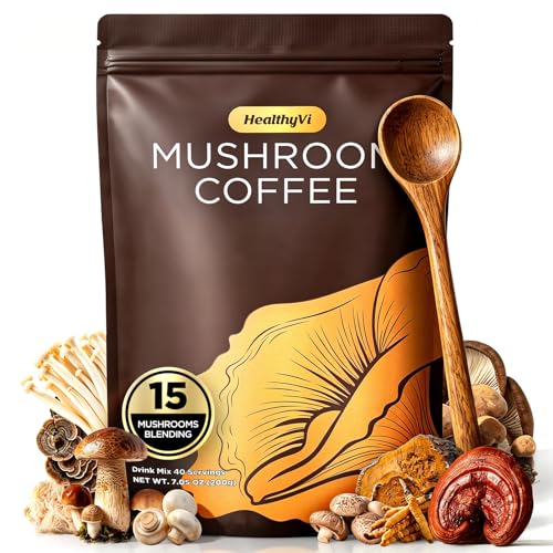 Mushroom Coffee with 15 Natural Mushrooms, Medium Roast Coffee With KSM-66 Ashwagandha & L-theanine Boosts Focus, Immunity, Energy, Mood & Gut Health, Arabica Instant Coffee, Vegan, 40 Servings